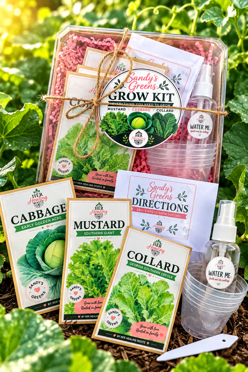 A garden kit bundle displayed outdoors among green leaves and mulch, including a clear plastic grow kit box tied with twine, several seed packets labeled Cabbage, Mustard, and Collard, a directions card, a water bottle, small clear cups, and a small white scoop.