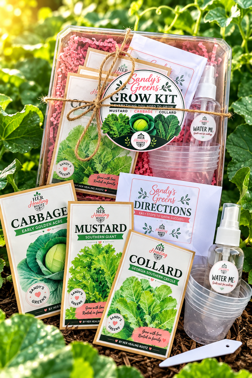 A garden kit bundle displayed outdoors among green leaves and mulch, including a clear plastic grow kit box tied with twine, several seed packets labeled Cabbage, Mustard, and Collard, a directions card, a water bottle, small clear cups, and a small white scoop.